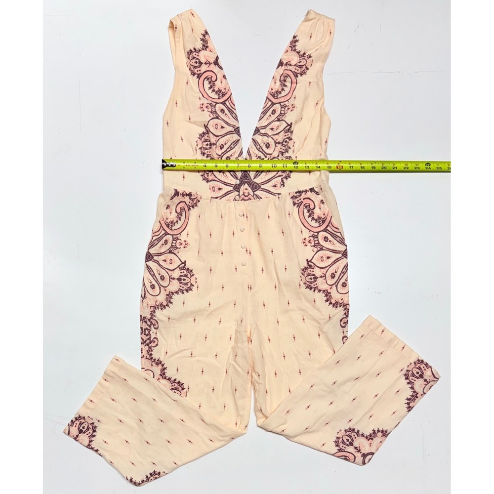 Free People Paisley Print Deep V-Neck Wide Leg Jumpsuit Peach Purple Size Small